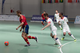 Partido España contra Portugal. 14º Campeonato del Mundo Universitario de Fútbol Sala 2014 (FUTSAL). Antequera. Julio de 2014