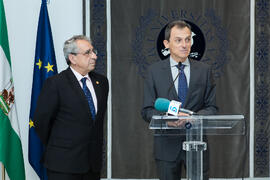 Pedro Duque y José Ángel Narváez en rueda de prensa. Edificio del Rectorado. Junio de 2018