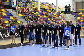 Equipo arbitral. Ceremonia de apertura del Campeonato del Mundo Universitario de Balonmano. Antequera. Junio de 2016
