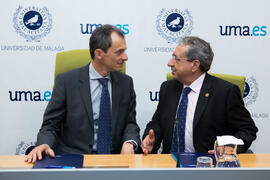 José Ángel Narváez y Pedro Duque. Consejo de Gobierno extraordinario de la Universidad de Málaga. Edificio del Rectorado. Junio de 2018