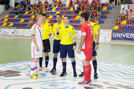 Capitanes y árbitros. Partido Irán contra Rusia. 14º Campeonato del Mundo Universitario de Fútbol Sala 2014 (FUTSAL). Antequera. Julio de 2014