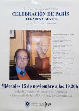 Cartel de la presentación del libro "Celebración de París: Lugares y gentes". Edificio del Rectorado. Octubre de 2017