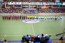 Jugadores de Portugal y Georgia. Partido Portugal contra Georgia. 14º Campeonato del Mundo Universitario de Fútbol Sala 2014 (FUTSAL). Antequera. Julio de 2014