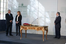 Antonio Ramírez de Arellano, Susana Díaz y José Ángel Narváez momentos antes de su toma de posesión como Rector de la Universidad de Málaga. Palacio de San Telmo, Sevilla. Enero de 2016