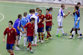 Saludo final. Partido España contra Eslovaquia. 14º Campeonato del Mundo Universitario de Fútbol Sala 2014 (FUTSAL). Antequera. Julio de 2014