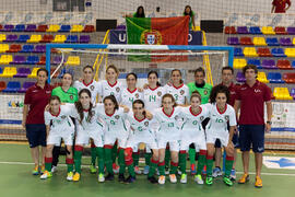 Jugadoras de Portugal. Partido Portugal contra Rusia. 14º Campeonato del Mundo Universitario de Fútbol Sala 2014 (FUTSAL). Antequera. Julio de 2014