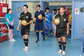 Salto a pista de los equipos. Partido Tailandia contra Georgia. 14º Campeonato del Mundo Universitario de Fútbol Sala 2014 (FUTSAL). Antequera. Julio de 2014