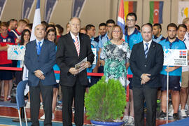 Pedro Montiel, Wolf Frühauf, Adelaida de la Calle y Manuel Jesús Barón. Ceremonia de apertura del IX Campeonato de Europa Universitario de Fútbol Sala. Antequera. Julio de 2013