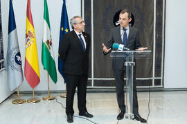 Pedro Duque y José Ángel Narváez en rueda de prensa. Edificio del Rectorado. Junio de 2018