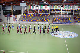 Salto a pista de los equipos. Partido Portugal contra Georgia. 14º Campeonato del Mundo Universitario de Fútbol Sala 2014 (FUTSAL). Antequera. Julio de 2014