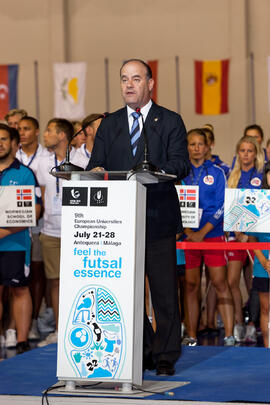 Manuel Jesús Barón Ríos. Ceremonia de apertura del IX Campeonato de Europa Universitario de Fútbol Sala. Antequera. Julio de 2013