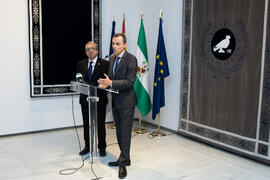 José Ángel Narváez y Pedro Duque en rueda de prensa. Edificio del Rectorado. Junio de 2018