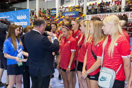 Entrega de medallas. Polonia tercera clasificada en la categoría femenina. Ceremonia de clausura del Campeonato del Mundo Universitario de Balonmano. Antequera. Julio de 2016