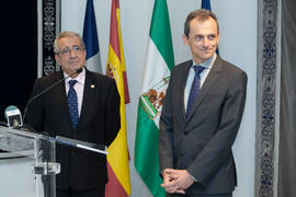 José Ángel Narváez y Pedro Duque en rueda de prensa. Edificio del Rectorado. Junio de 2018