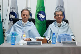 Hipólito Esteban y Antonio Soler en su investidura como Doctor "Honoris Causa" por la Facultad de Filosofía y Letras de la Universidad de Málaga. Paraninfo. Junio de 2016