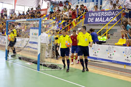 Salto a pista de los equipos. Partido España contra Eslovaquia. 14º Campeonato del Mundo Universitario de Fútbol Sala 2014 (FUTSAL). Antequera. Julio de 2014