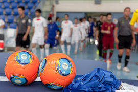 Salto a pista de los equipos. Partido Portugal contra Irán. 14º Campeonato del Mundo Universitario de Fútbol Sala 2014 (FUTSAL). Antequera. Julio de 2014
