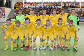 Jugadores de Ucrania. Partido Ucrania contra Brasil. 14º Campeonato del Mundo Universitario de Fútbol Sala 2014 (FUTSAL). Antequera. Julio de 2014