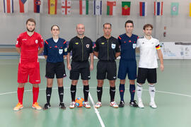 Capitanes y árbitros. Partido Georgia contra Alemania. 14º Campeonato del Mundo Universitario de Fútbol Sala 2014 (FUTSAL). Antequera. Julio de 2014