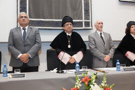 Antonio Ramírez de Arellano, José Ángel Narváez Bueno y Antonio Morales Lázaro en la toma de Posesión del nuevo Consejo de Dirección de la Universidad de Málaga. Paraninfo.  Enero de 2016