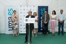 Intervención de José Ángel Narváez. Colocación de la primera piedra del huerto urbano y el parque frutal de la Universidad de Málaga. Campus de Teatinos. Julio de 2019