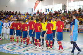 Saludo inicial. Partido España contra Eslovaquia. 14º Campeonato del Mundo Universitario de Fútbol Sala 2014 (FUTSAL). Antequera. Julio de 2014