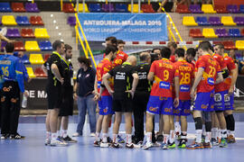 Partido Rumanía - España. Categoría masculina. Campeonato del Mundo Universitario de Balonmano. Antequera. Julio de 2016