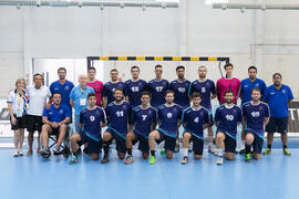 Foto de grupo. Partido Universidad de Málaga - Universidad de Barcelona. Categoría masculina. Campeonato Europeo Universitario de Balonmano. Antequera. Julio de 2017