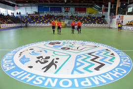 Salto a pista de los equipos. Partido Ucrania contra Brasil. 14º Campeonato del Mundo Universitario de Fútbol Sala 2014 (FUTSAL). Antequera. Julio de 2014