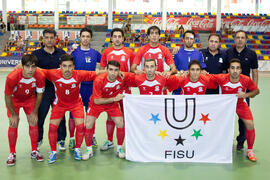 Jugadores de Irán. Partido Irán contra Rusia. 14º Campeonato del Mundo Universitario de Fútbol Sala 2014 (FUTSAL). Antequera. Julio de 2014