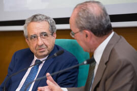 José Ángel Narváez y Francisco de la Torre. Acto de clausura del curso "La ciudad como arquetipo. Literatura, historia y arte. Europa y América". Edificio del Rectorado. Septiembre de 2018