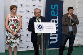 Intervención de José Ángel Narváez. Colocación de la primera piedra del huerto urbano y el parque frutal de la Universidad de Málaga. Campus de Teatinos. Julio de 2019