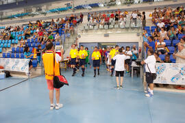Salto a pista de los equipos. Partido España contra Rusia. 14º Campeonato del Mundo Universitario de Fútbol Sala 2014 (FUTSAL). Antequera. Julio de 2014