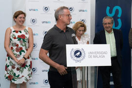 Intervención de Alberto García. Colocación de la primera piedra del huerto urbano y el parque frutal de la Universidad de Málaga. Campus de Teatinos. Julio de 2019