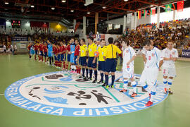 Salto a pista de los equipos. Partido España contra República Checa. 14º Campeonato del Mundo Universitario de Fútbol Sala 2014 (FUTSAL). Antequera. Julio de 2014