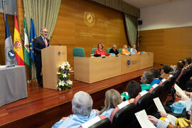 Intervención de Miguel Porras. Investidura de Miguel Sáenz Sagaseta y Brian Harris como Doctores "Honoris Causa" por la Facultad de Filosofía y Letras de la Universidad de Málaga. Edificio del Rectorado. Febrero de 2020