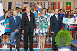 Pedro Montiel, Wolf Frühauf, Adelaida de la Calle y Manuel Jesús Barón. Ceremonia de apertura del IX Campeonato de Europa Universitario de Fútbol Sala. Antequera. Julio de 2013
