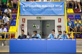 Árbitros de mesa. Partido Rusia - España. Categoría masculina. Campeonato del Mundo Universitario de Balonmano. Antequera. Junio de 2016