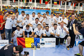 Rumanía primera clasificada en la categoría masculina. Ceremonia de clausura del Campeonato del Mundo Universitario de Balonmano. Antequera. Julio de 2016
