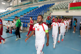 Salto a pista de los equipos. Partido Omán contra Bielorrusia. 14º Campeonato del Mundo Universitario de Fútbol Sala 2014 (FUTSAL). Antequera. Julio de 2014
