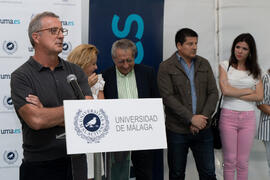 Intervención de Alberto García. Colocación de la primera piedra del huerto urbano y el parque frutal de la Universidad de Málaga. Campus de Teatinos. Julio de 2019