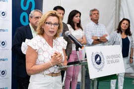 Intervención de Carmen Sánchez Sierra. Colocación de la primera piedra del huerto urbano y el parque frutal de la Universidad de Málaga. Campus de Teatinos. Julio de 2019