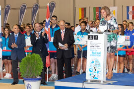 Intervención de Adelaida de la Calle. Ceremonia de apertura del IX Campeonato de Europa Universitario de Fútbol Sala. Antequera. Julio de 2013