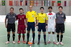 Capitanes y árbitros. Partido Portugal contra Irán. 14º Campeonato del Mundo Universitario de Fútbol Sala 2014 (FUTSAL). Antequera. Julio de 2014