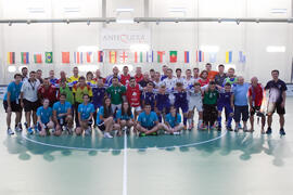 Jugadores, equipo técnico y voluntarios. Partido Israel contra Eslovaquia. 14º Campeonato del Mundo Universitario de Fútbol Sala 2014 (FUTSAL). Antequera. Julio de 2014