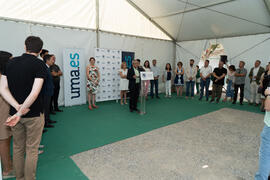 Intervención de José Ángel Narváez. Colocación de la primera piedra del huerto urbano y el parque frutal de la Universidad de Málaga. Campus de Teatinos. Julio de 2019