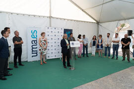 Intervención de José Ángel Narváez. Colocación de la primera piedra del huerto urbano y el parque frutal de la Universidad de Málaga. Campus de Teatinos. Julio de 2019