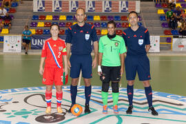 Capitanas y árbitros. Partido Portugal contra Rusia. 14º Campeonato del Mundo Universitario de Fútbol Sala 2014 (FUTSAL). Antequera. Julio de 2014