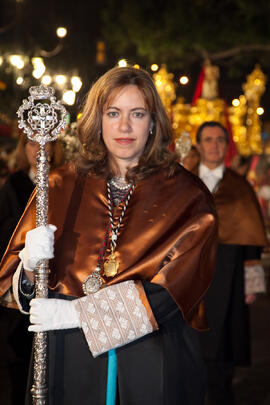 Raquel Barco Moreno en el desfile procesional de la Hermandad de los Estudiantes. Málaga. Abril de 2014
