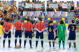 Salto a pista de los equipos. Partido Brasil contra España. 14º Campeonato del Mundo Universitario de Fútbol Sala 2014 (FUTSAL). Antequera. Julio de 2014